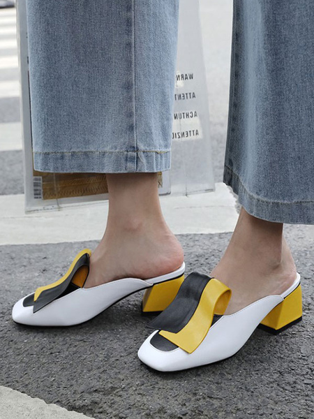 Milanoo Women\'s Mules Clogs Leather White Square Toe Shoes Slip-On Mules