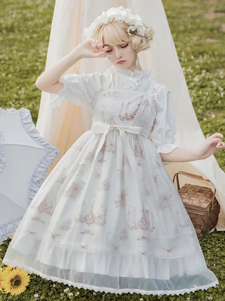 Milanoo Sweet Lolita JSK Dress White Rose Candleholder Lolita Jumper Skirts