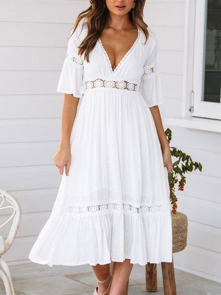 White Long Dress V Neck Cut Out Lace Insert Cotton Maxi Dresses