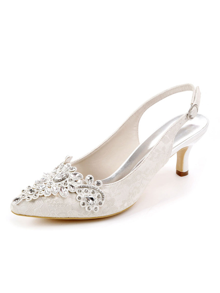Milanoo Lace Wedding Shoes Pointed Toe Rhinestones Kitten Heel Slingbacks Bridal Shoes