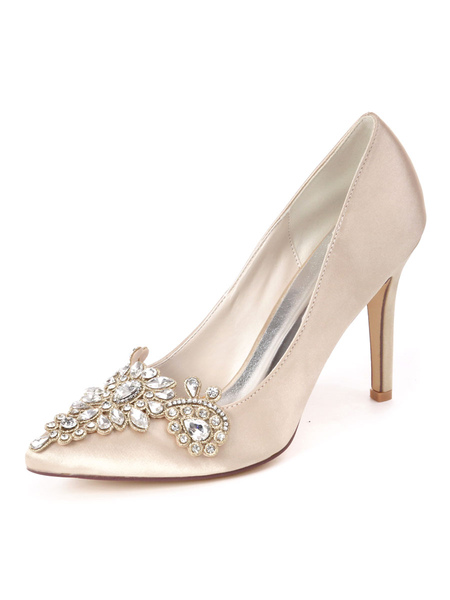 Milanoo Wedding Guest Shoes Satin Pointed Toe Rhinestones Party Shoes Bridal Shoes