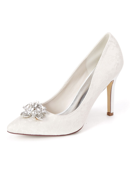 Milanoo White Wedding Shoes Lace Pointed Toe Rhinestones Stiletto Heel Bridal Shoes High Heel Party