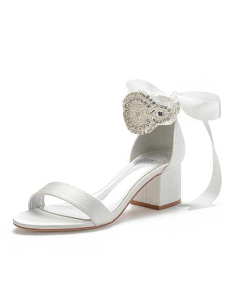 Milanoo Satin Wedding Shoes Ivory Open Toe Bows Lace Up Bridal Shoes Block Heel Sandals