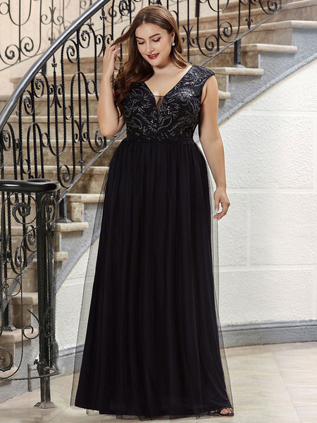 Milanoo Plus Size Evening Dress A-Line V-Neck Chiffon Floor-Length Sequins Social Party Dresses