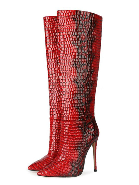 Milanoo Knee-High Boots Leather Red Pointed Toe Stiletto Heel Extra Wide Women\'s Boots