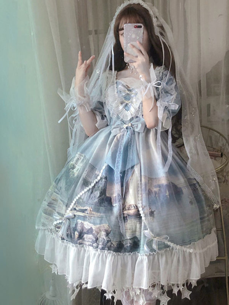 Milanoo Lolita Wedding Dress Swan Princess Castle Half Sleeves Lolita One Piece Dresses