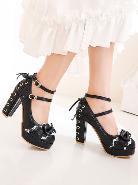 Milanoo Sweet Lolita Footwear Bows Round Toe Lace Up Leather Lolita Pumps