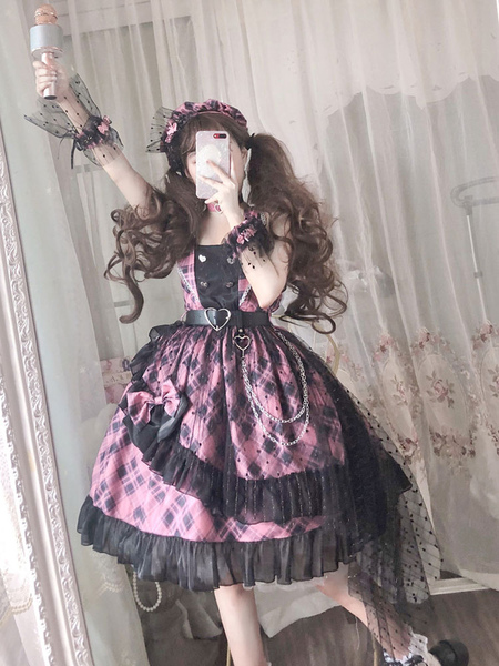 Image of Pink Lolita JSK Dress Plaid Bows Ruffles Lolita Jumper Skirts Senza Collana