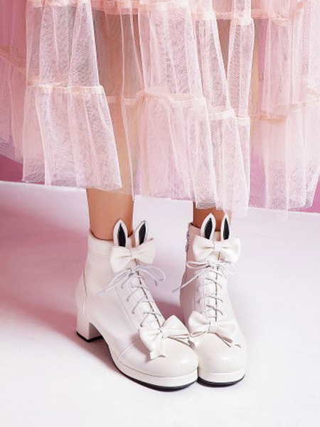 Image of Sweet Lolita Boots Bunny Ear Bows Round Toe Leather Lolita Footwear