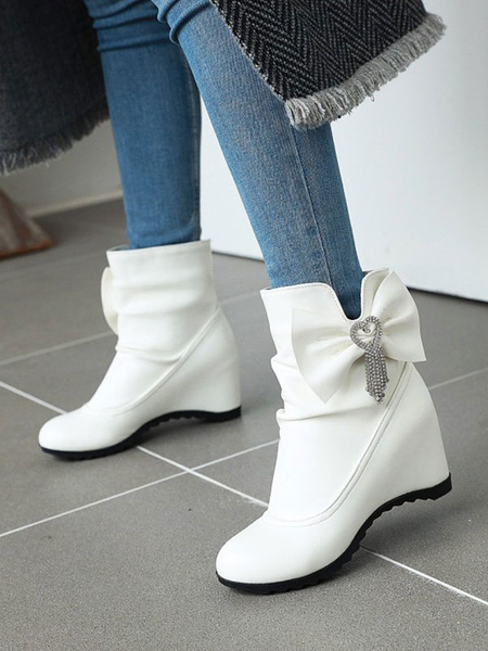Milanoo Sweet Lolita Boots Bows Round Toe Leather Wedge Lolita Footwear