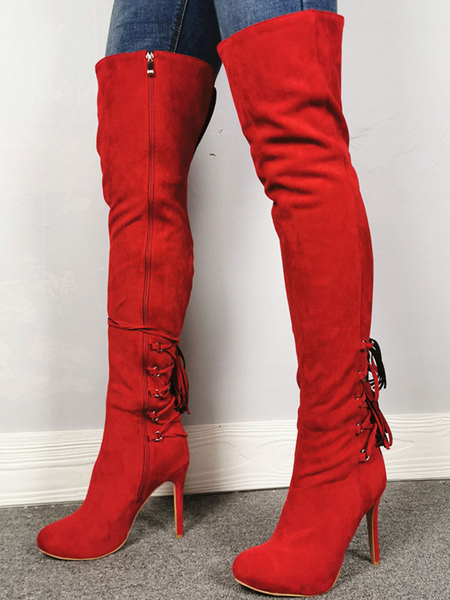 milanoo.com Over The Knee Boots Red Pointed Toe Zipper High Heel Thigh High Boots
