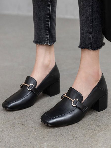 mocassins en cuir synthétique noir bout carré détails métalliques chaussures décontractées chaussures pour femmes
