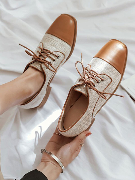 Milanoo Brown Oxfords Women Square Toe Lace Up Casual Shoes