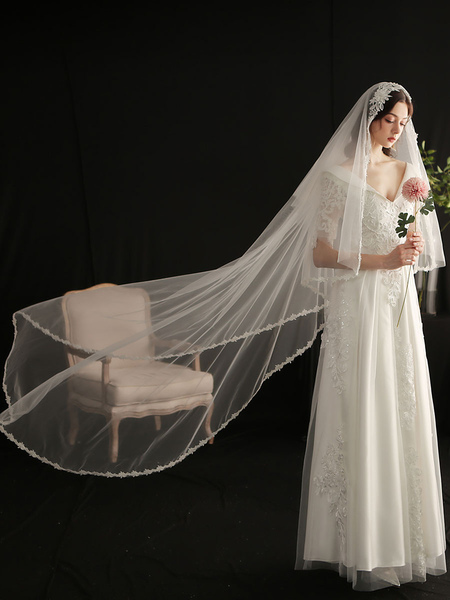 Milanoo Wedding Veils One-Tier Polyester Lace Applique Edge Drop Bridal Veils