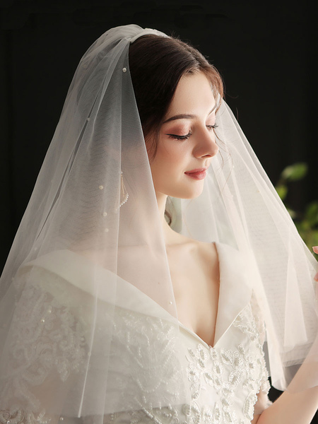 

Milanoo Wedding Veil Two-Tier Pearls Polyester Cut Edge Drop Bridal Veils, White
