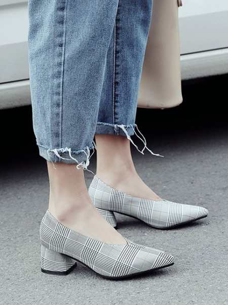 Milanoo Women Gray Block Heels Plaid Pointed Toe Low Heel Pumps