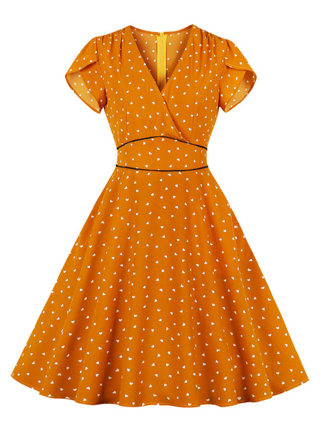Milanoo Vintage Dress 1950s Orange Layered Printed Pleated Short Sleeves V-Neck Swing Dress