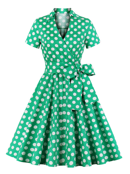 Milanoo Vintage Dress 1950s V-Neck Lace Up Layered Short Sleeves Green Knee Length Polka Dot Bows Fi