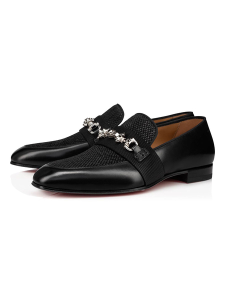 Milanoo Mens Round Toe Black Metal Details Slip-On Cowhide Prom Shoes