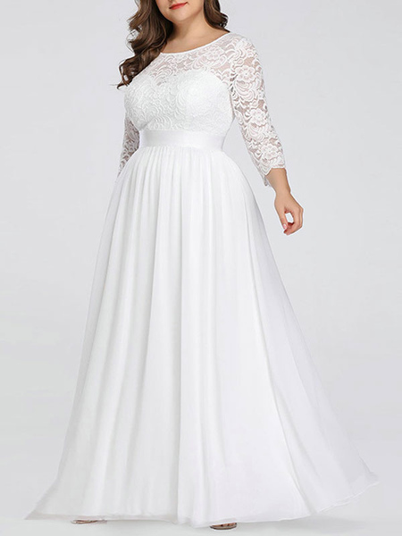 Milanoo Plus Size A-Line Wedding Dresses Floor-Length 3/4 Length Sleeves Lace Jewel Neck Bridal Gown