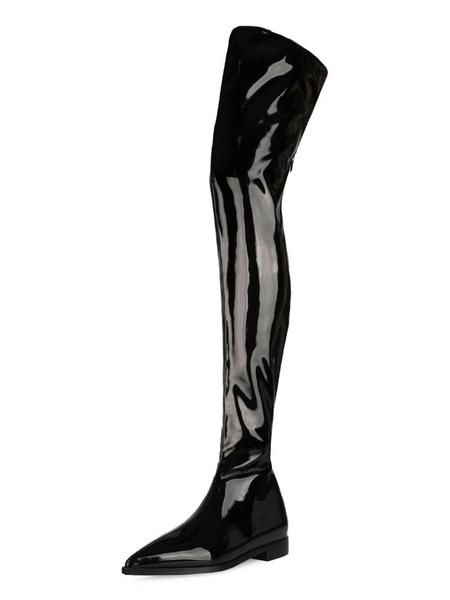 Milanoo Over The Knee Boots Women Leather Black Pointed Toe Flat Thigh High Boots