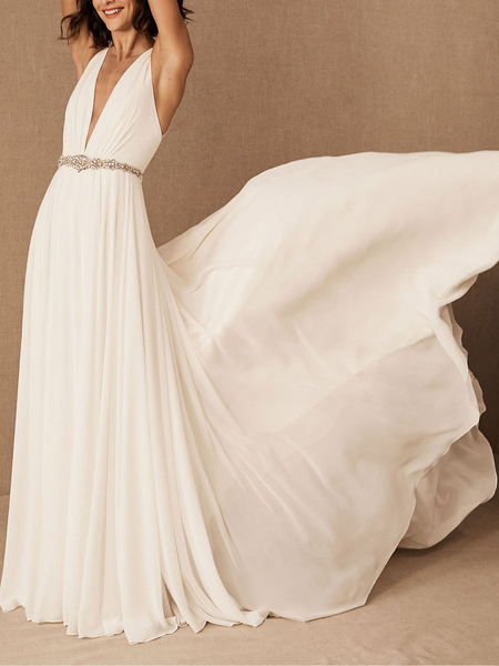 Milanoo Wedding Dress Deep V-Neck Beaded Sash Chiffon Bridal Dress