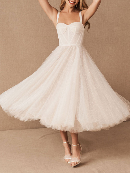 Milanoo White Bridal Short Dress T-Length A-Line Sweetheart Pearls Spaghetti Straps Tea Length Dress
