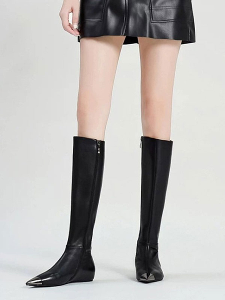 Milanoo Knee High Boots Black Pointed Toe Flat Knee Length Boots For Woman
