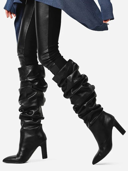 Milanoo Black Slouch Boots Women Leather Black Pointed Toe Chunky Heel Knee High Boots