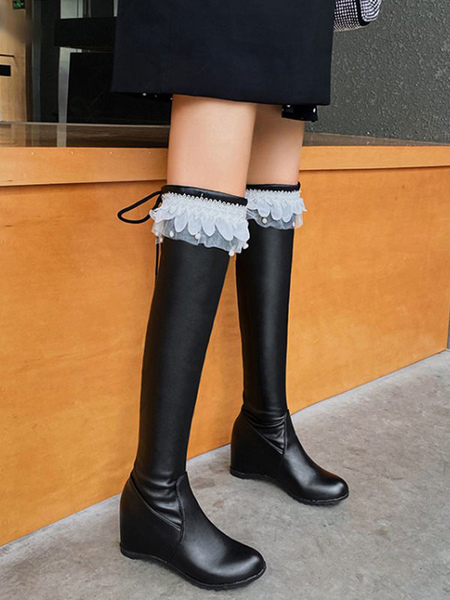 Milanoo Lolita Boots Hidden Heel Leather Round Toe Lolita Footwear