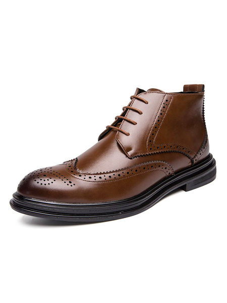 Milanoo Boots For Man Comfortable Brown Round Toe Carved Leather Ankle Boots