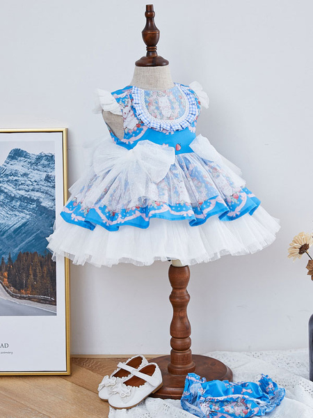 Milanoo Kids Lolita Dress Blue Bows Frills Tutu Dress