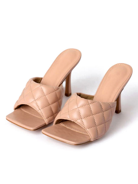 Milanoo Women Sandals Heels Nude Plaid Pattern Stiletto Heel Leather Slippers