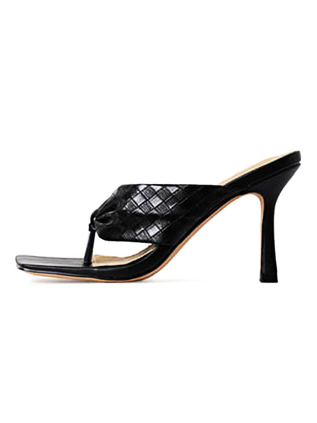 Milanoo Women Sandals Black Knotted Woven Flip Flop Leather High Heel Sandals