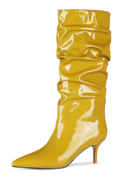 

Milanoo Knee-High Boots Golden Pointed Toe Stiletto Heel Women Boots, Apricot;yellow;red;black;burgundy