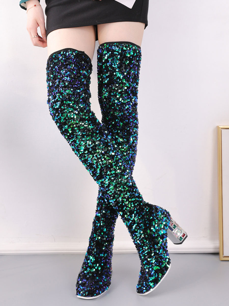 milanoo.com Over The Knee Boots Blue Green Square Toe Sequined Winter Boots For Women