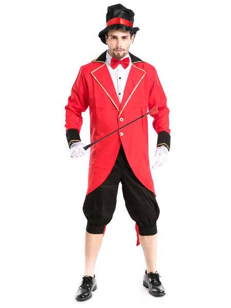 Image of Costume da circo di carnevale Pantaloni da uomo rossi Set camicia in poliestere Costumi di vacanze di Halloween