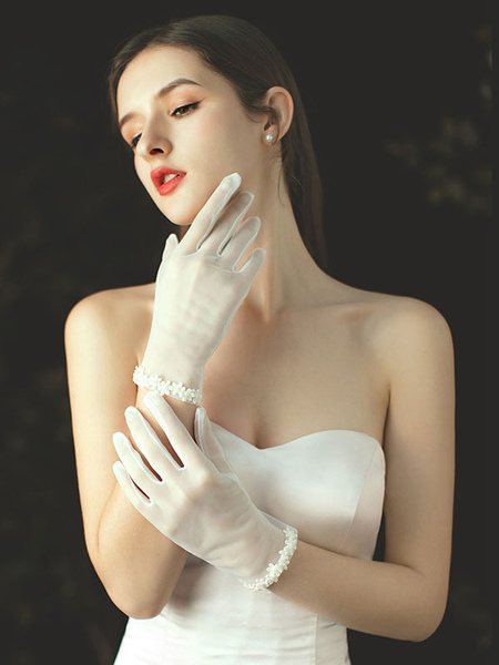 Milanoo Wedding Gloves Wrist Length Tulle Bridal Gloves