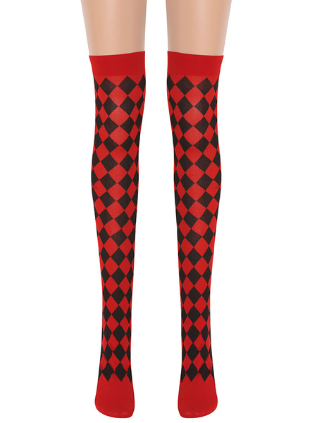 Image of Calze da donna per saloon Calze al ginocchio scozzesi rosse nere Accessori per costumi cosplay di Halloween