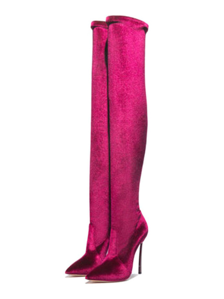 Milanoo Over The Knee Boots Elastic Fabric Rose Pointed Toe Stiletto Heel Thigh High Boots