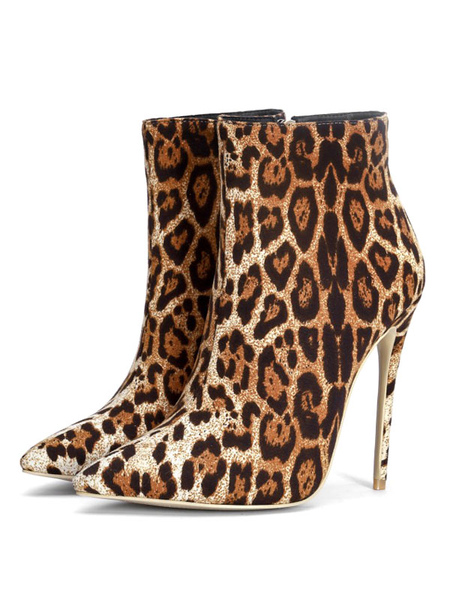 bottines pour femmes bout pointu imprimé léopard talon aiguille micro suède chaussons à talons hauts