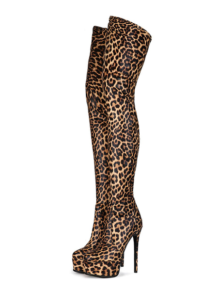 Milanoo Over The Knee Boots Round Toe Leopard Print Stiletto Heel Winter Platform Boots For Women