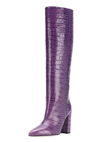 Milanoo Women Knee-High Boots Grape Pointed Toe Chunky Heel Snakeskin Print Women Booties