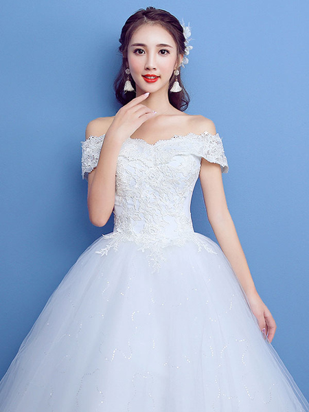 Milanoo Ball Gown Wedding Dress Princess Silhouette Floor-Length Bateau Neck Short Sleeves Applique