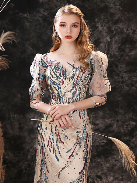 Milanoo Evening Dress Sheath Jewel Neck Lace Floor-Length Lace Formal Party Dresses