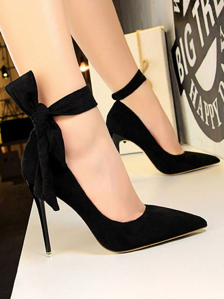 Milanoo Women Black High Heels Bows Pointed Toe Stiletto Heel Ankle Strap Pumps
