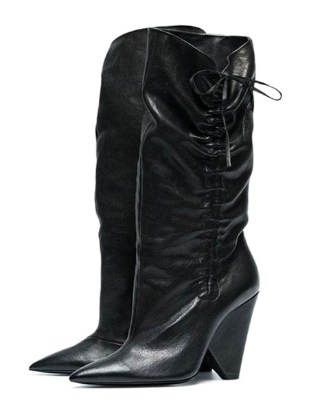 Milanoo Mid Calf Boots Black Pointed Toe Design Heel Mid Heel Lace Up Leather Boots