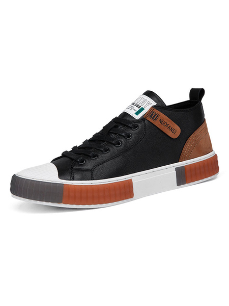 Milanoo Mens Black Vegan Leather Skateboard Shoes Low Top Sneakers