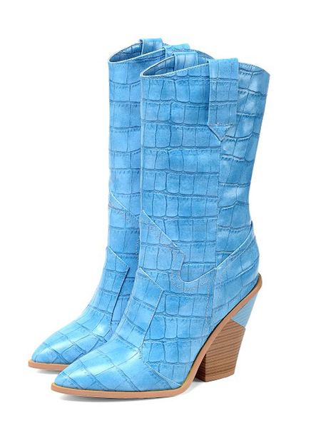 Milanoo Women Mid Calf Boots Light Sky Blue Pointed Toe Snakeskin Print Boots