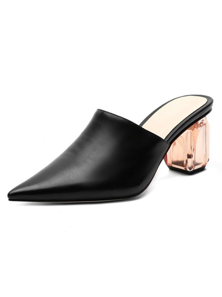 Milanoo Women Mules Leather Black Pointed Toe Slip-On Chunky Heel Casual Shoes